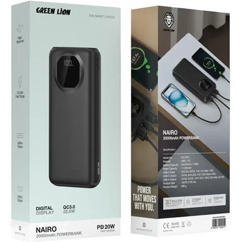 پاوربانک 20 هزار میلی آمپر Nairo گرین لاین(GNNAR20PBPDBK)Green Lion Nairo