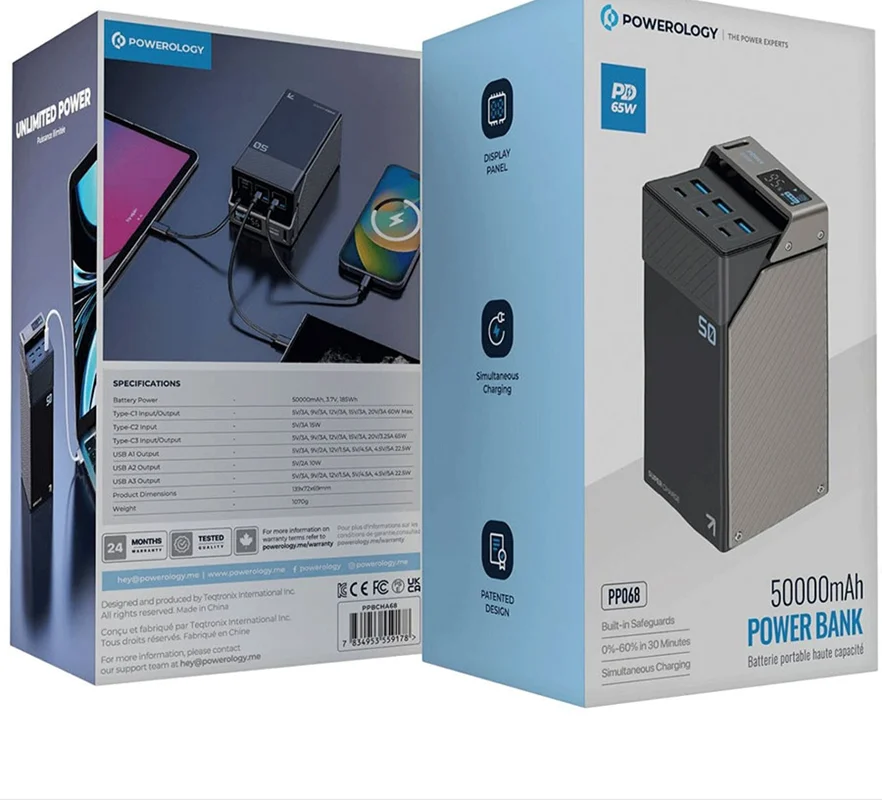 پاوربانک پاورولوجی مدل PPBCHA68 ظرفیت ۵۰ هزار میلی آمپر ساعت