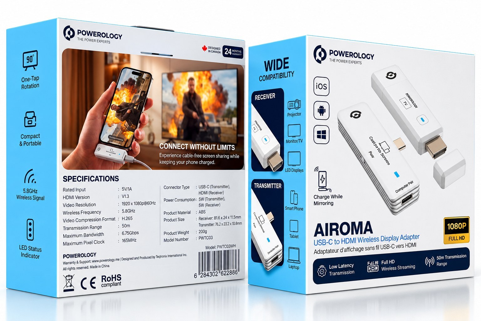 دانگل بیسیم HDMI USB-C پاورولوژی مدل AIROMA