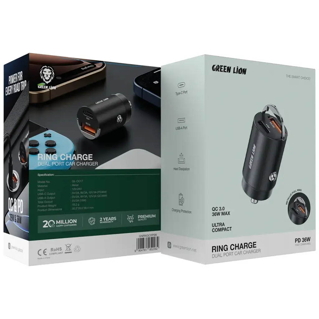 شارژر فندکی 36 وات Green Line مدل Ring Charge Dual Port Car Charger PD 36W