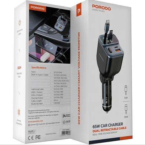 شارژر فندکی و کابل فست Porodo PDFWCH068 65W