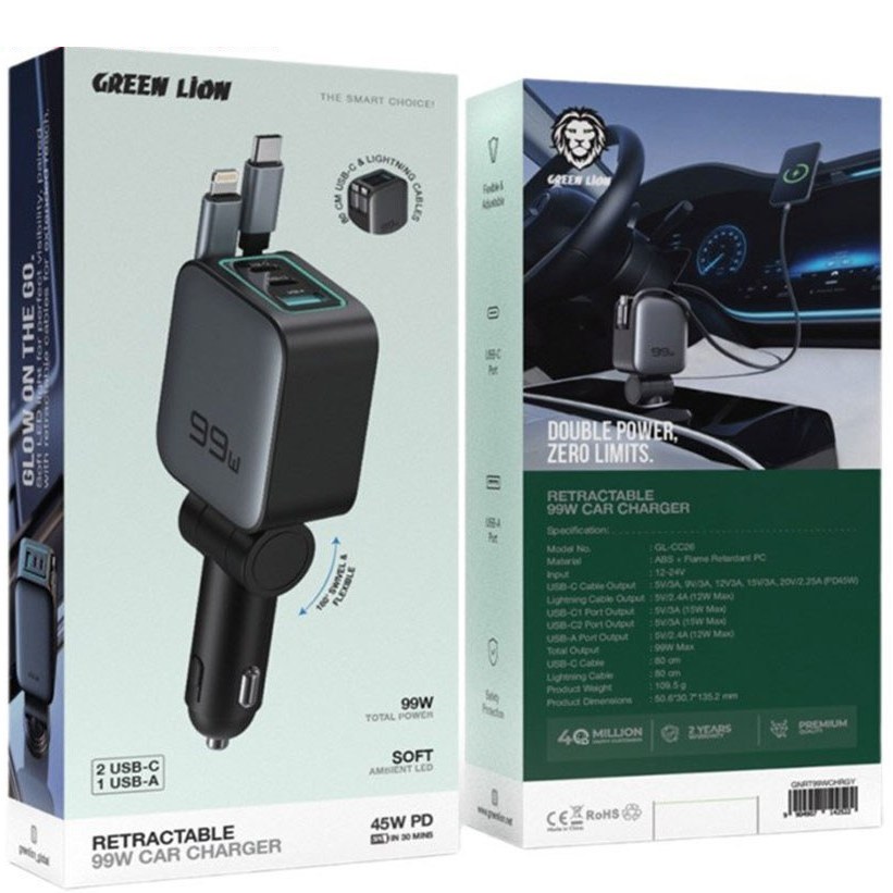 شارژر فندکی 99 وات با کابل جمع شونده گرین لاین Green Lion Retractable 99W Car Charger